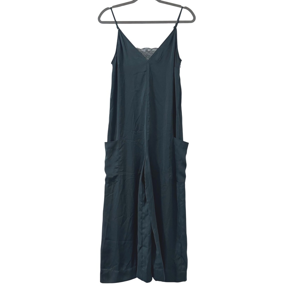 Avec Les Filles Silky Jumpsuit XS Hunter Green Lace Wide Leg Pockets Lace Detail